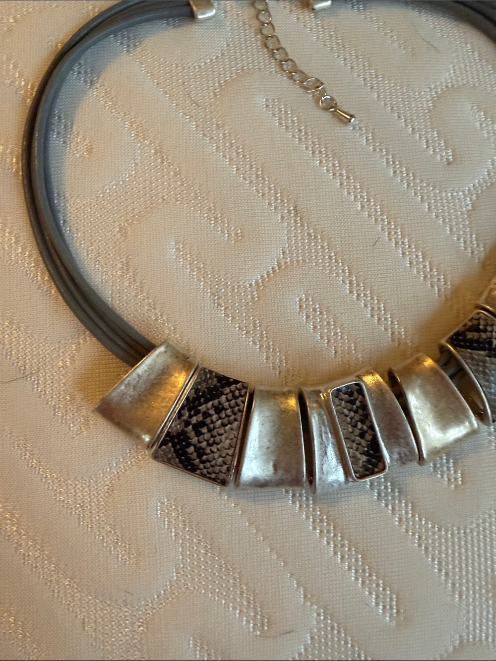 Contemporary Silver-Tone Statement Necklace with snakeskin Accent